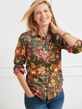 Talbots XS Green Splendid Floral Print Cotton Button Front Shirt